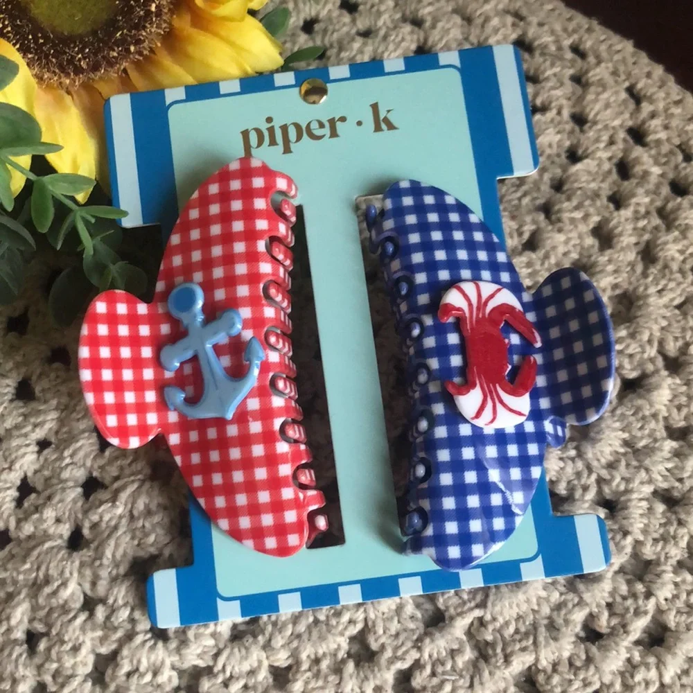 Piper Red & Blue Gingham Nautical Hair Clips